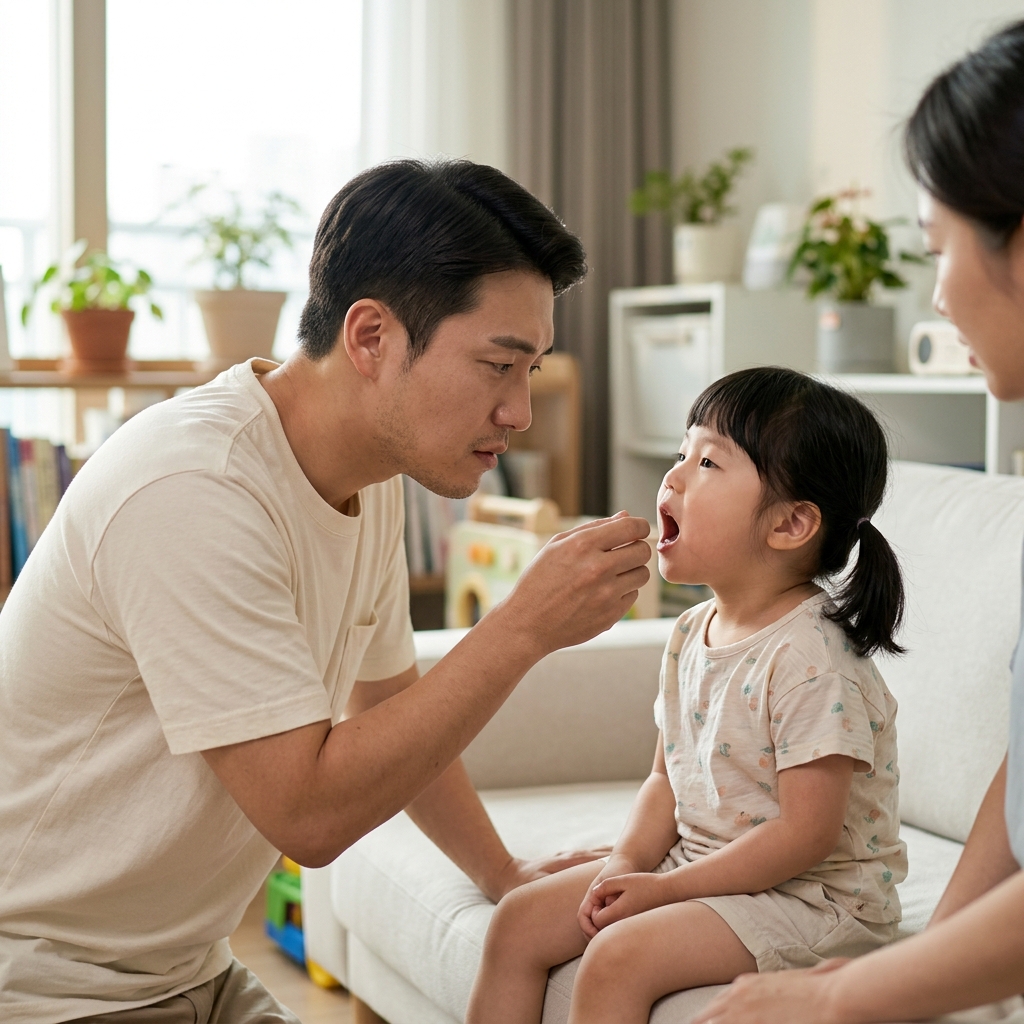 한국인 부모가 아이 입 안을 부드럽게 살펴보는 장면, 실내 조명, 안정적인 분위기