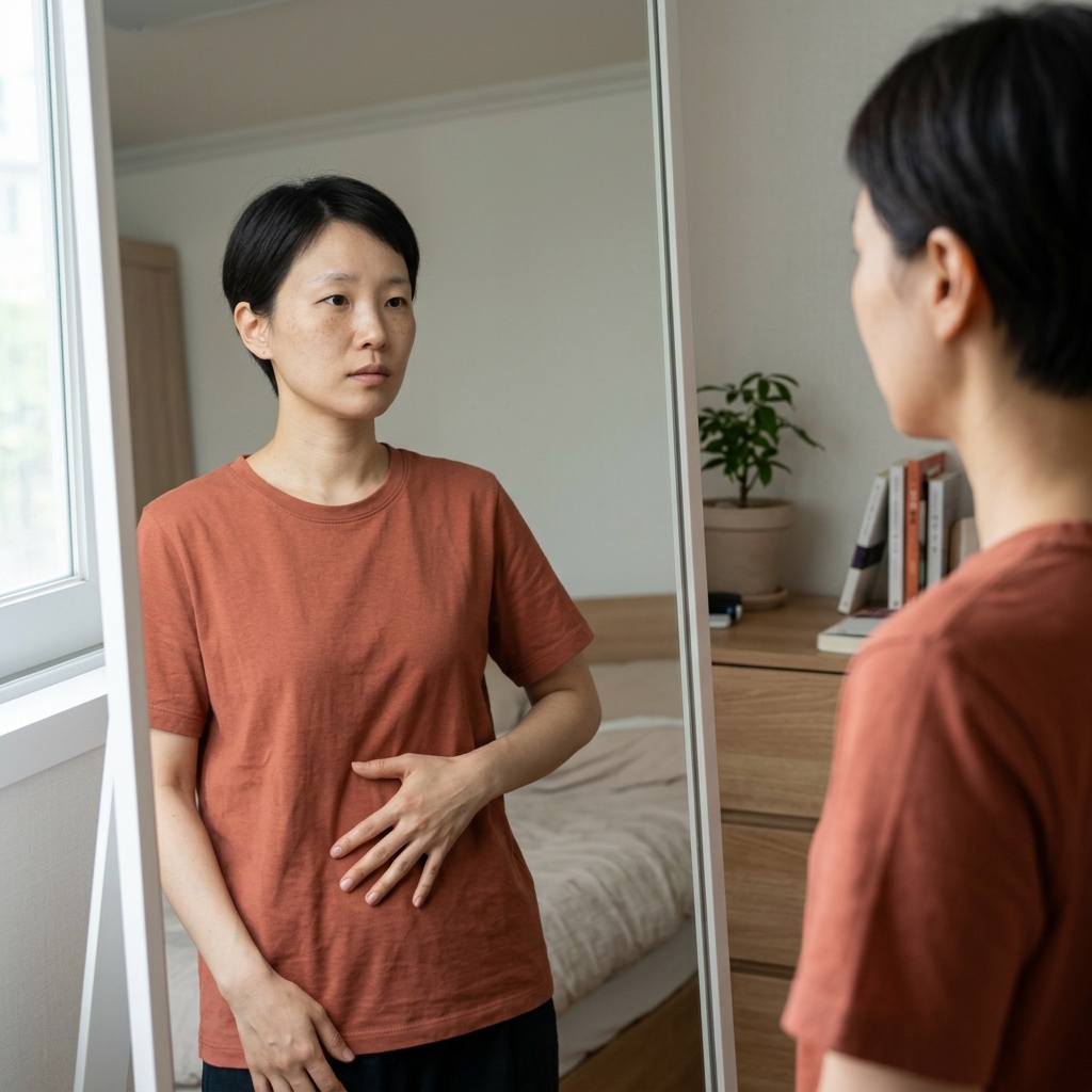 30대 중반 한국인 여성이 거울 앞에서 아랫배 부분을 손으로 가볍게 만져보며 확인하는 모습, 실내 자연광, 평온한 표정