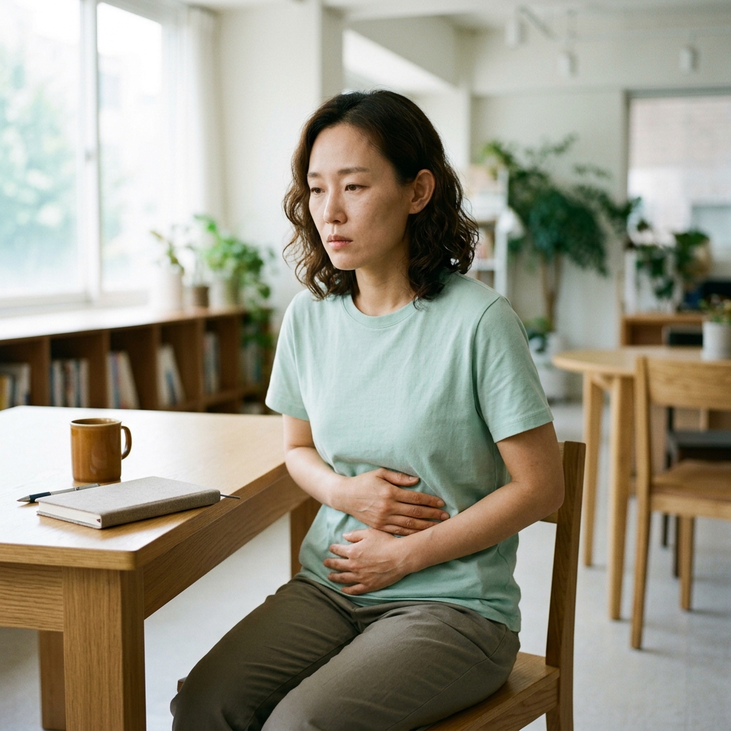 40대 중반 한국인 여성이 밝은 실내에서 손으로 배 부위를 감싸며 약간 고민스러운 표정으로 의자에 앉아 있는 모습