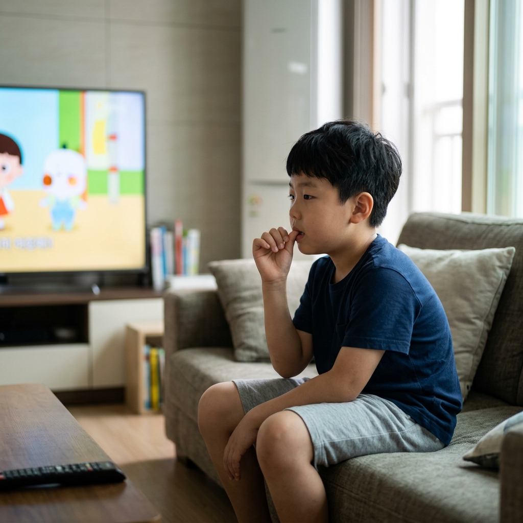 ์ํ์ ์์ TV๋ฅผ ๋ณด๋ฉฐ ์ํฑ์ ๋ฌผ์ด๋ฏ๊ณ ์๋ ์ด๋ฑํ์ ์์ด์ ๋ชจ์ต