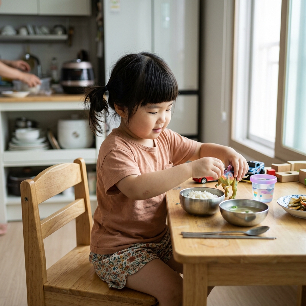 식탁에서 밥그릇을 앞에 두고 장난감을 만지고 있는 4세 여자아이