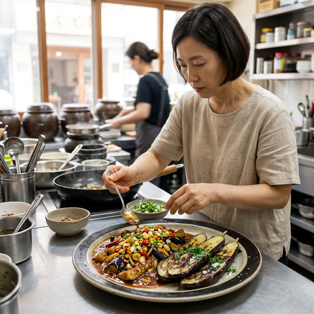 접시에 담긴 어향가지와 가지구이 요리 장면