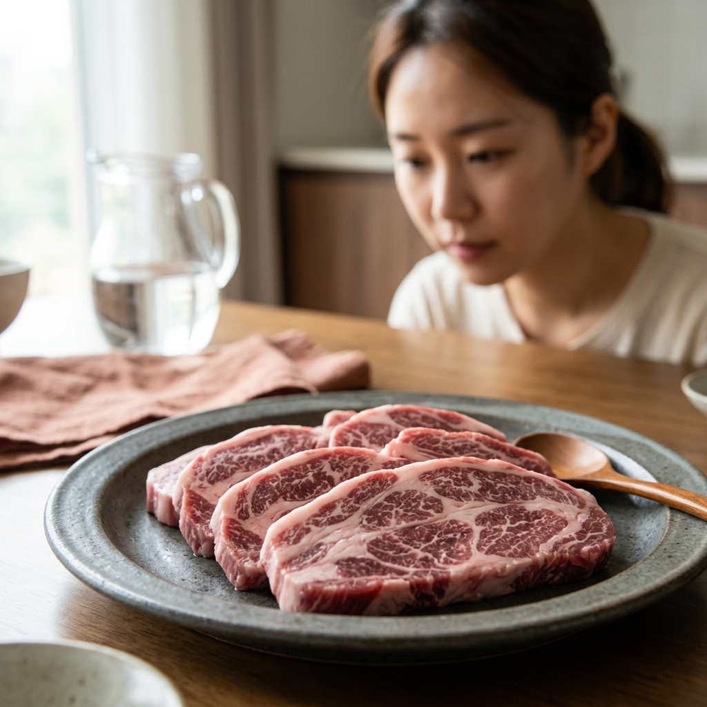 마블링이 선명한 이베리코 돼지고기를 접시에 담은 모습