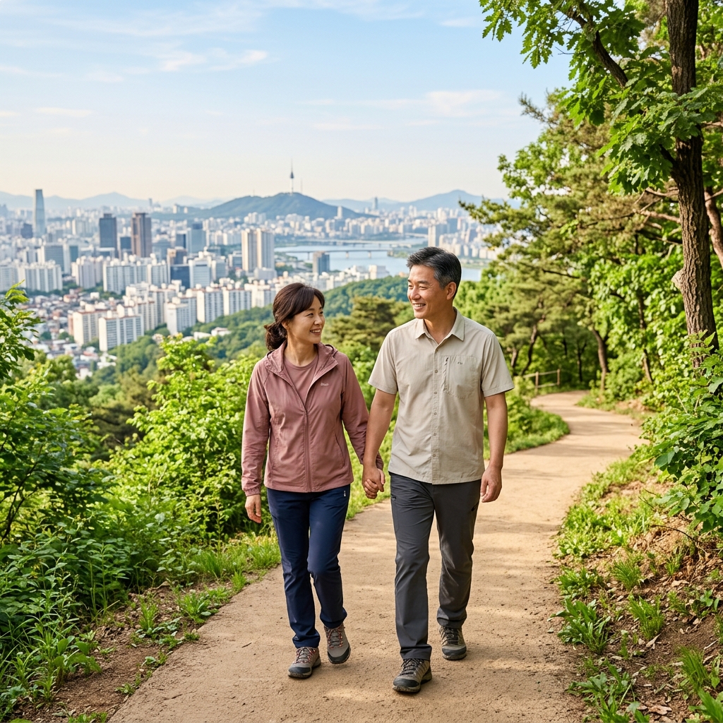초여름 햇살 아래 얇은 등산복을 입은 50대 중반 부부가 완만한 산책로를 걷고 있고, 뒤로 서울 도심 풍경이 펼쳐진 모습