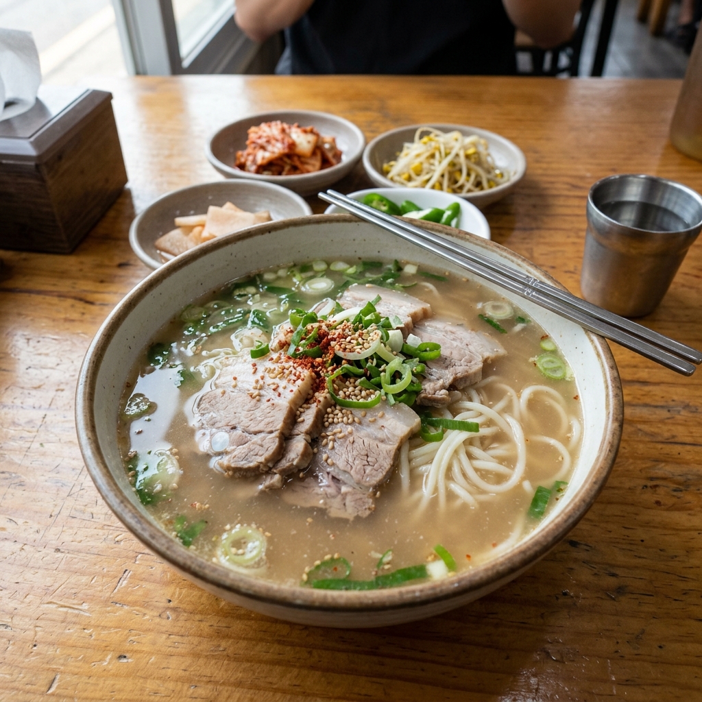 제주 고기국수 육수와 수육이 담긴 그릇을 위에서 내려다본 장면