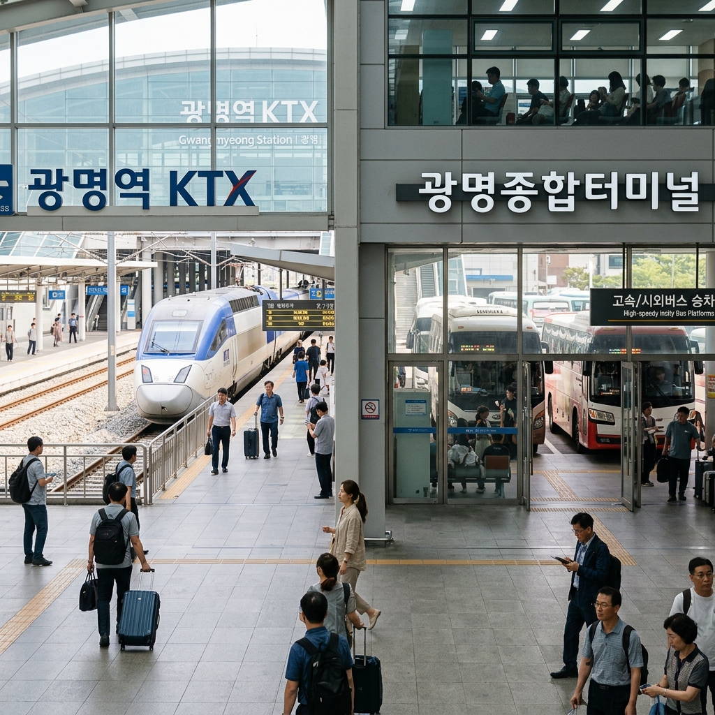 KTX 열차와 고속버스 터미널 앞 모습을 나란히 보여주는 장면