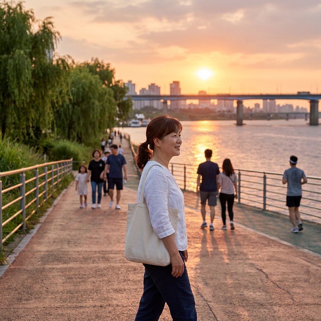 저녁 노을 지는 한강변을 따라 걷는 사람들