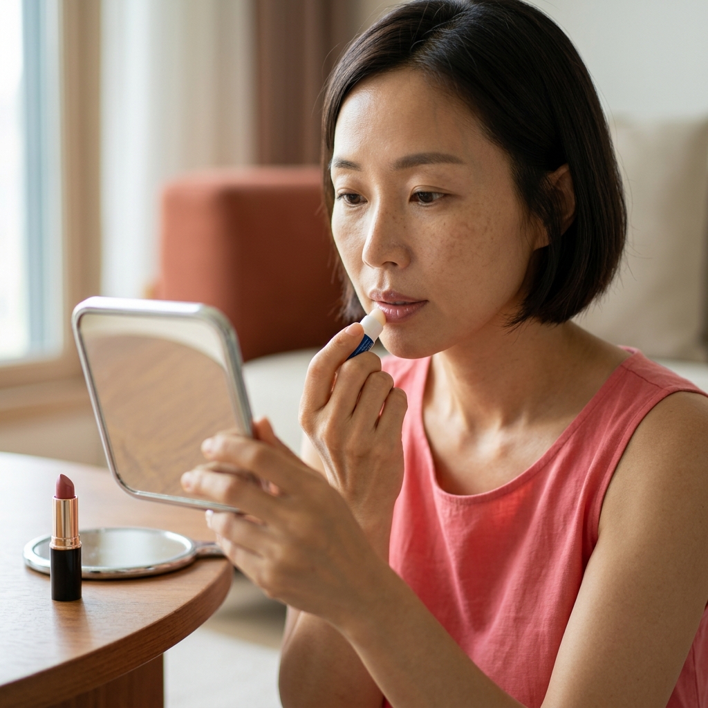 입술에 립밤을 바르고 립스틱을 바르는 과정, 촉촉하고 균일한 발색