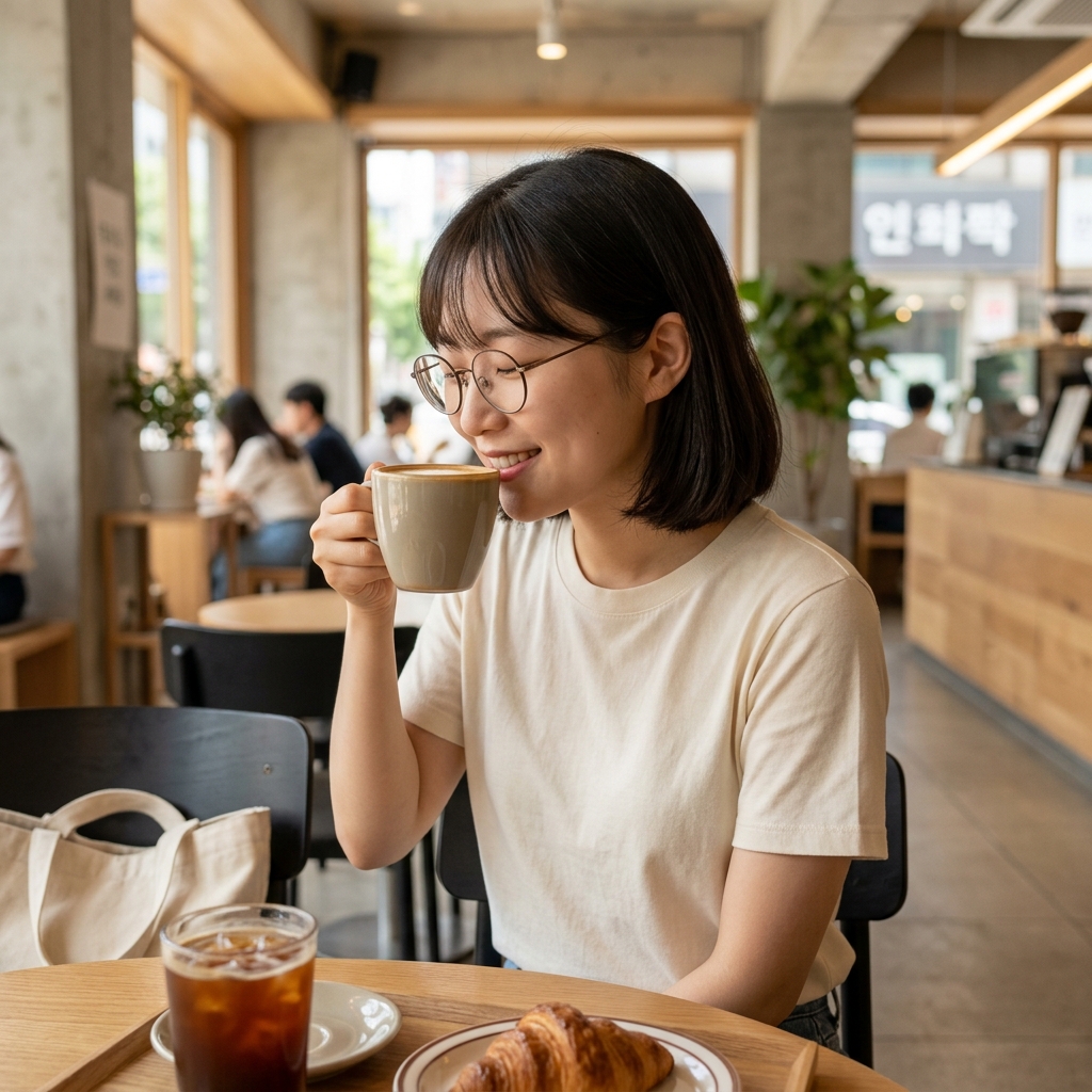 카페에서 만족스러운 표정으로 음료를 즐기는 한국인 소비자의 자연스러운 모습