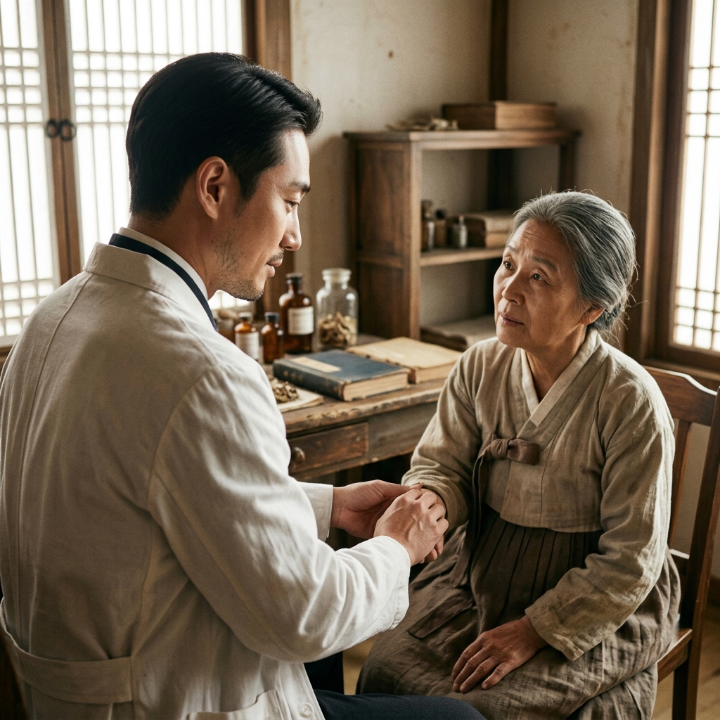 일제강점기 시대 의사의 진료 모습을 재현한 장면