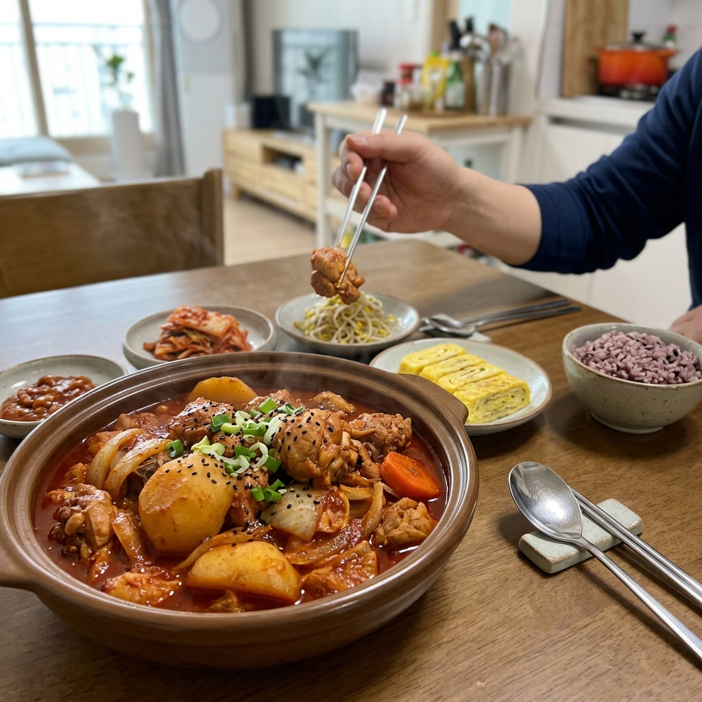 식탁 위에 놓인 닭볶음탕 접시와 반찬들