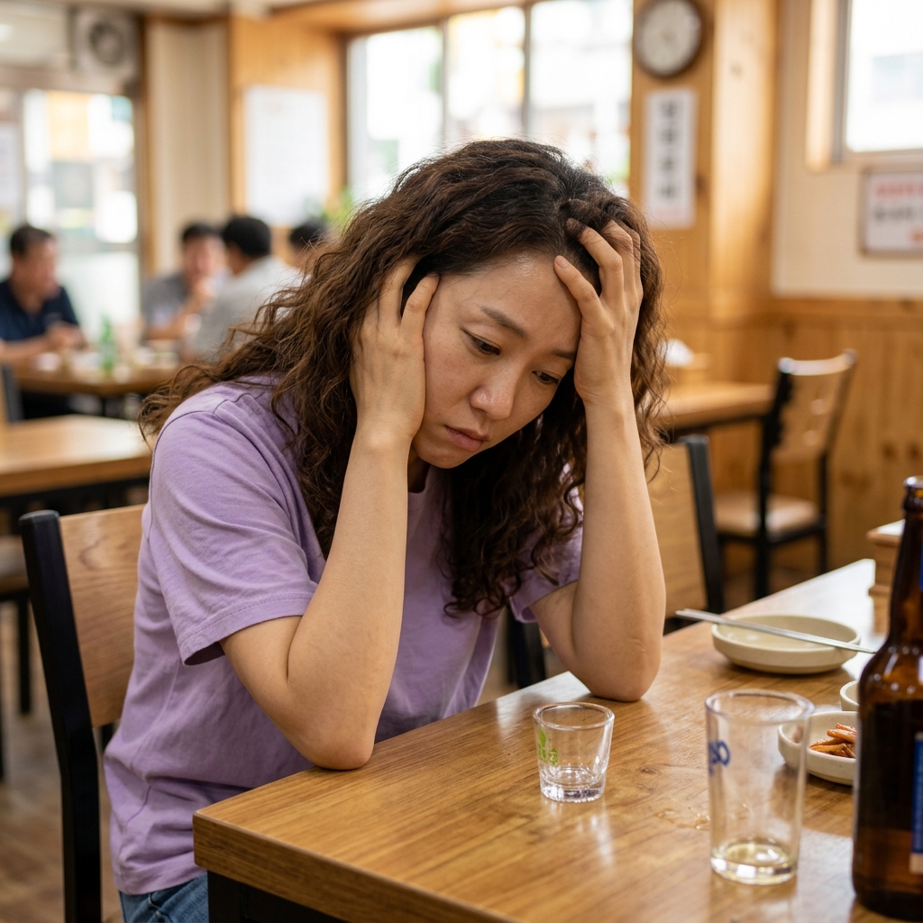 술잔을 앞에 두고 머리를 감싸 쥔 사람의 모습
