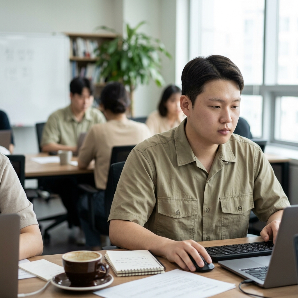 무표정하게 일하는 모습