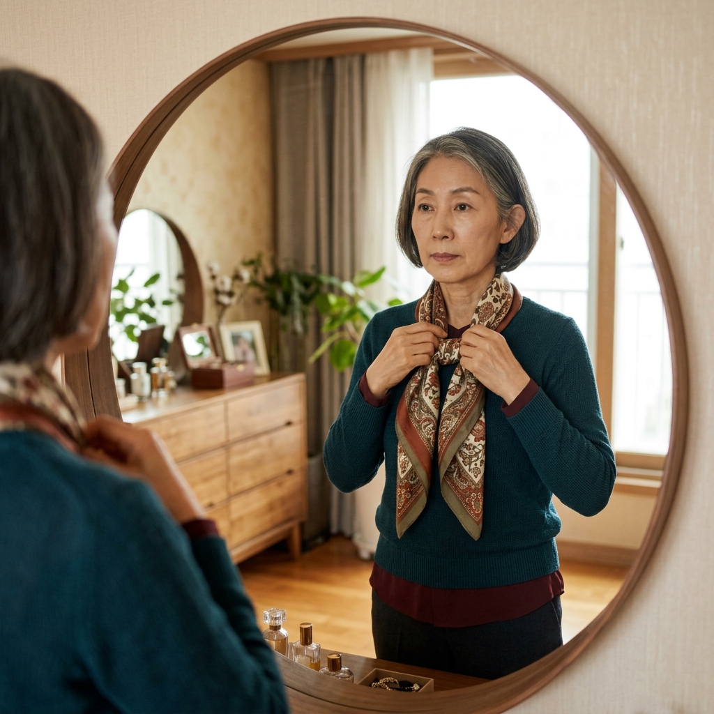 ์์ ๋ํธ์ ์ค์นดํ๋ฅผ ๋ชฉ์ ๋๋ฅธ 70๋ ์ด๋ฐ ์ฌ์ฑ์ด ๊ฑฐ์ธ ์์์ ์ค์นดํ ์์น๋ฅผ ์กฐ์ ํ๋ ๋ชจ์ต