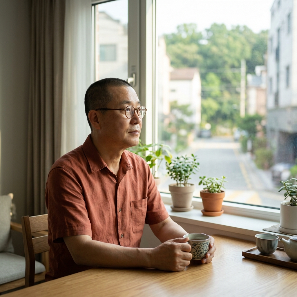 창가에 앉아 찻잔을 들고 창밖을 바라보는 60대 후반 한국인의 차분한 오후 풍경