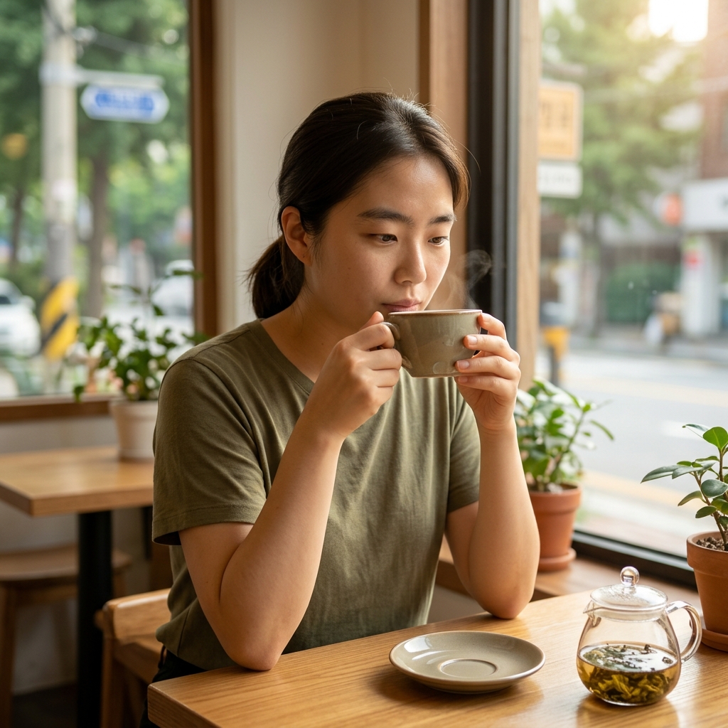창가에 앉아 따뜻한 햇살을 받으며 차를 마시는 중년 여성의 편안한 모습