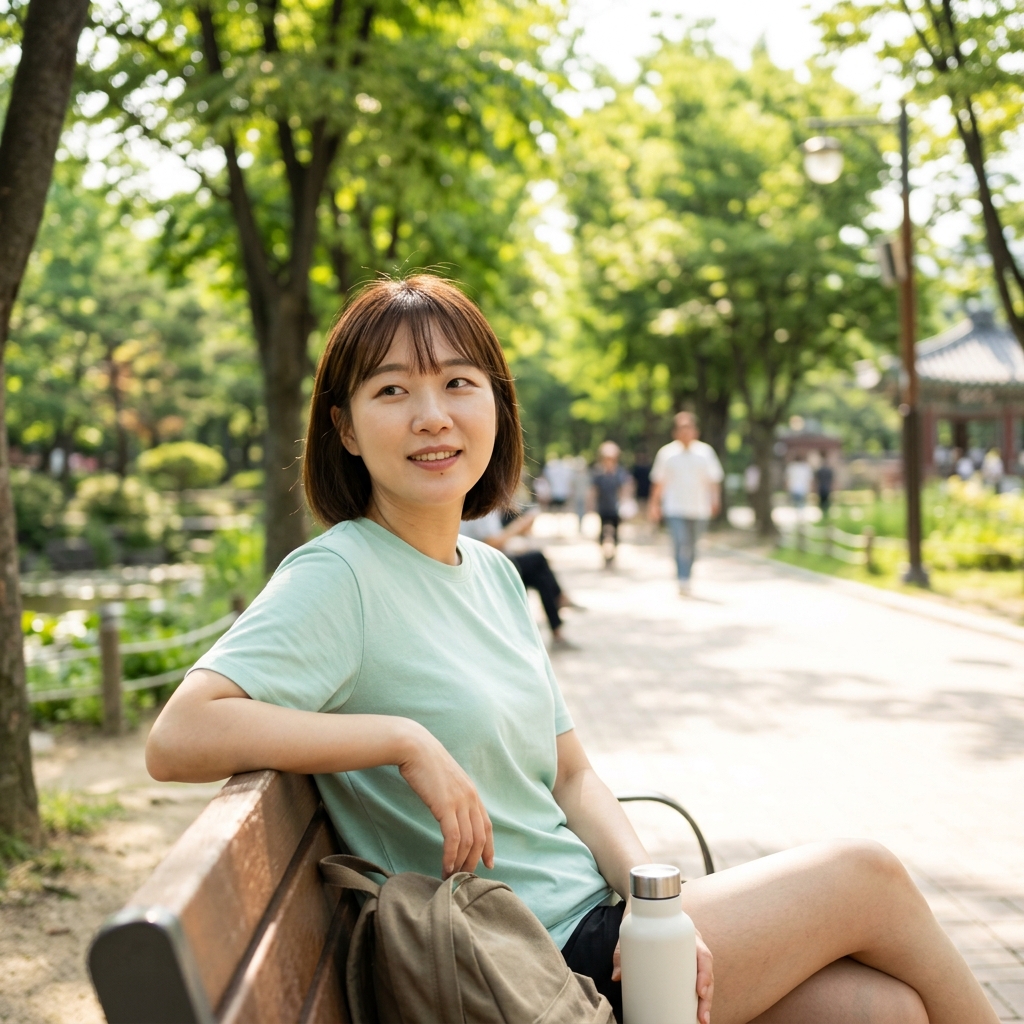 점심시간 공원 벤치에서 햇살을 받으며 산책하는 중년 남성의 모습