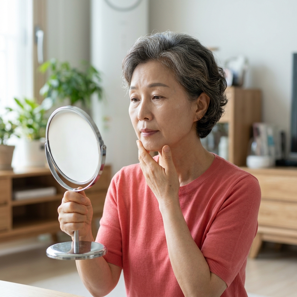 70대 여성이 손거울을 들고 턱선과 볼 라인을 확인하며 생각에 잠긴 표정, 배경은 밝은 자연광이 들어오는 실내