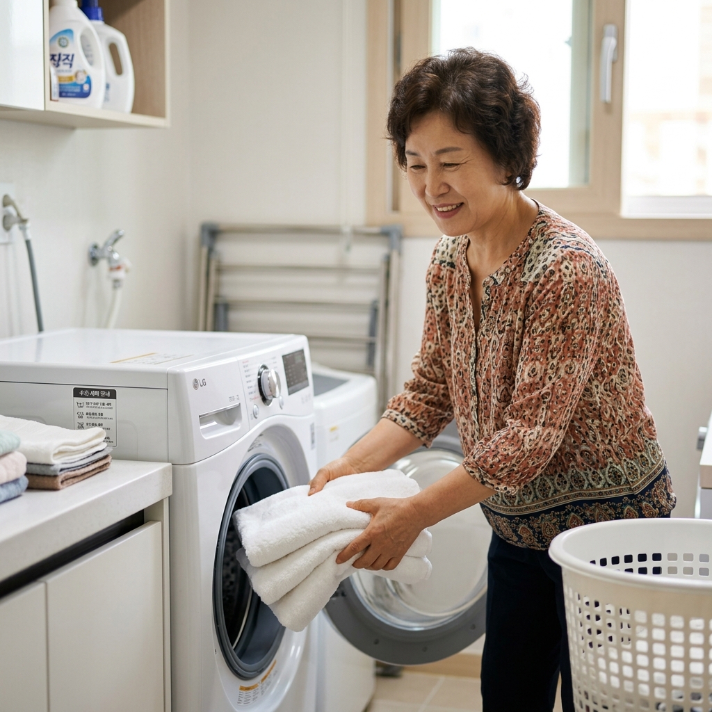 세탁기 앞에 서서 새 수건 3장을 넣고 있는 중장년 여성, 옆에는 수건 세탁 안내 라벨이 보이는 모습