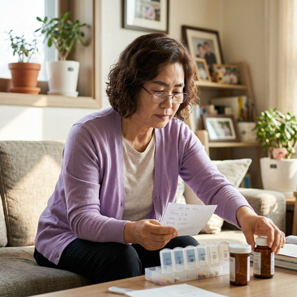 70대 남성이 거실 소파에 앉아 안경을 쓰고 복용약 통과 메모지를 보며 정리하는 모습, 긴팔 가디건, 자연광
