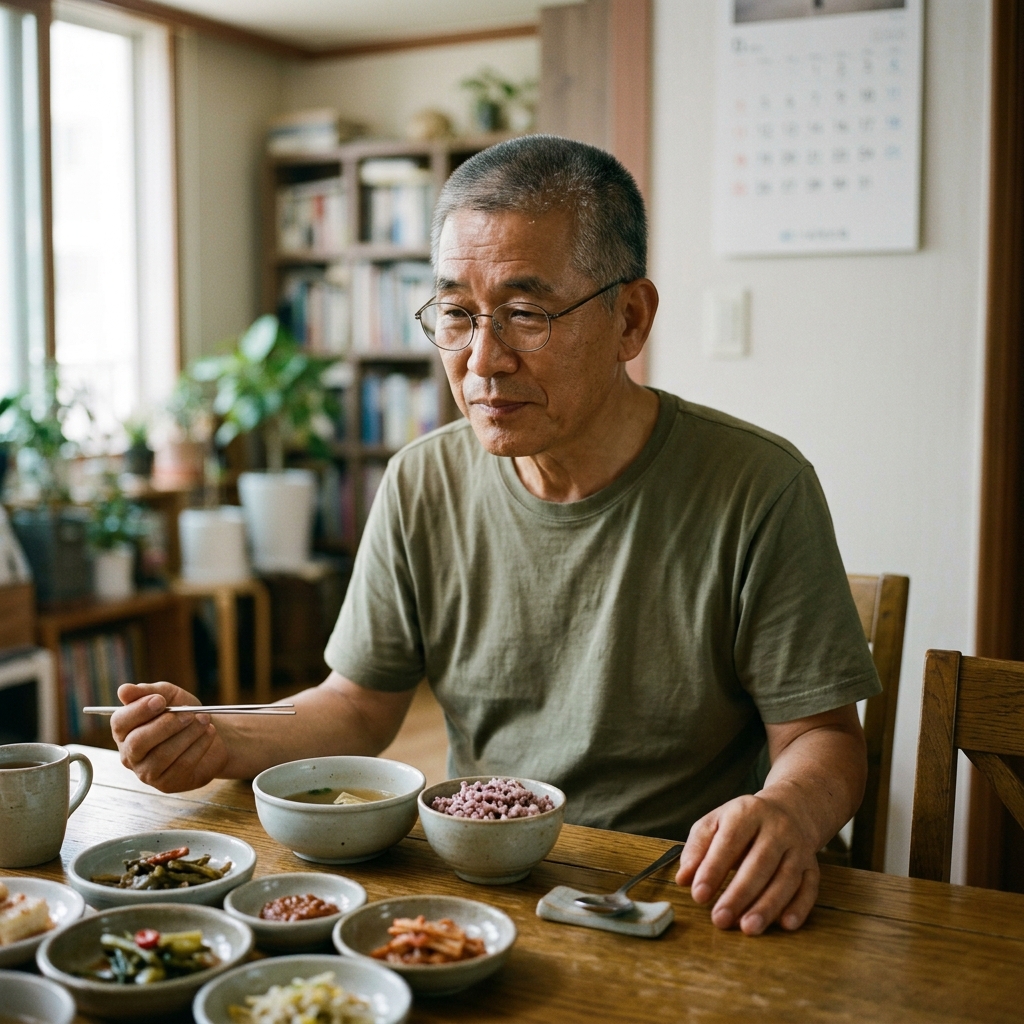 식탁에 앉아 숟가락을 내려놓고 천천히 식사하는 60대 중반 한국인의 모습, 자연광 아래 차분한 식사 장면