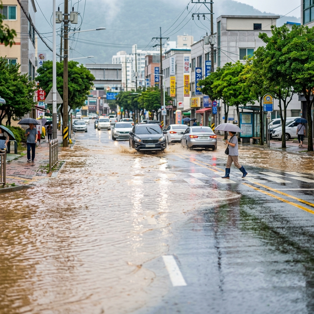 거제 시내 도로가 빗물에 잠긴 모습