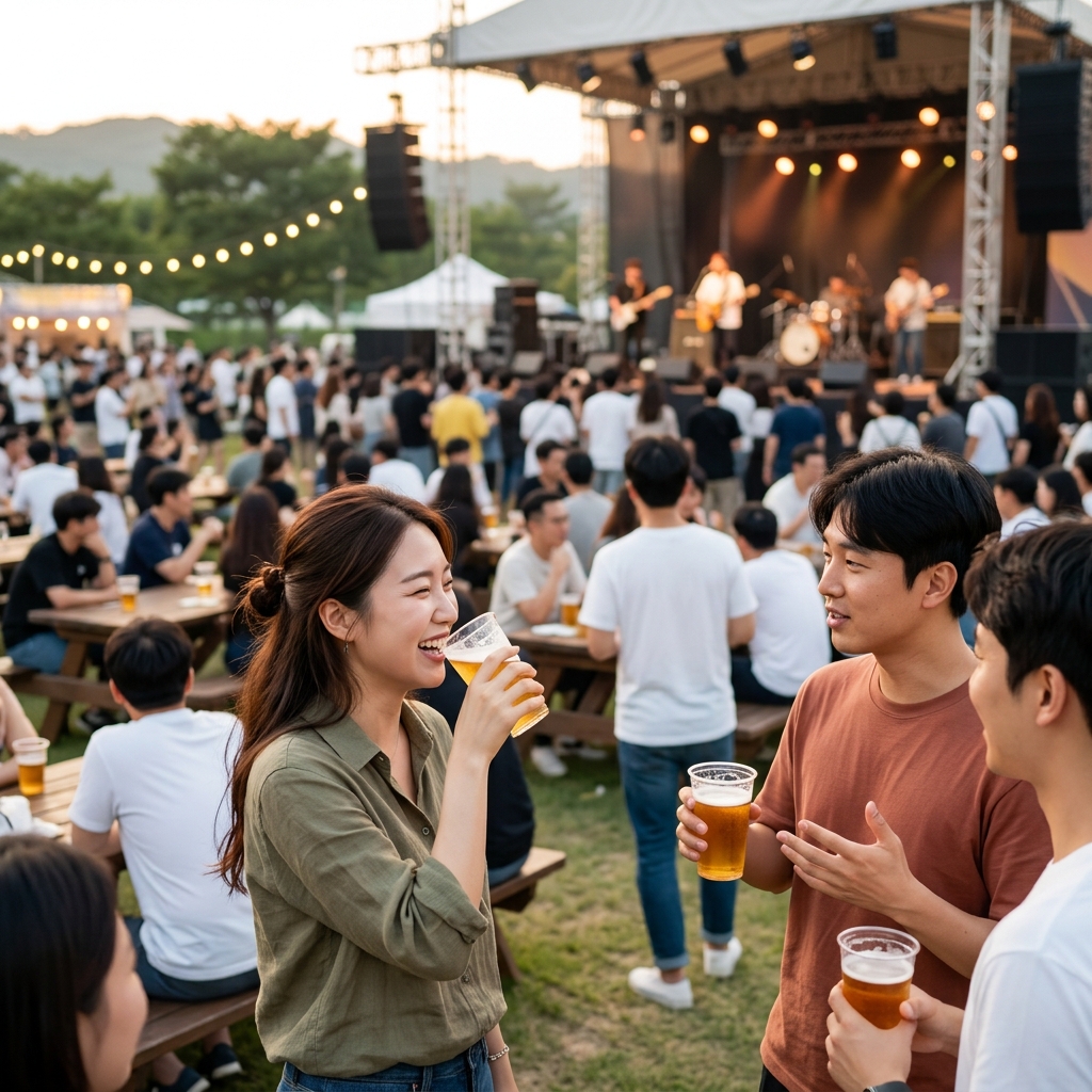 넓은 야외 공간에서 맥주잔을 들고 공연을 즐기는 사람들의 모습