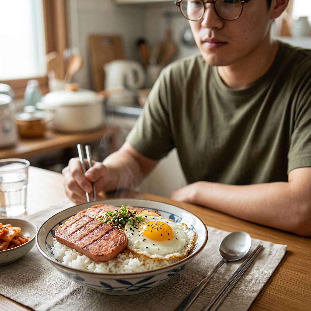 즉석밥 위에 구운 스팸과 계란후라이가 올려진 한 끼 식사
