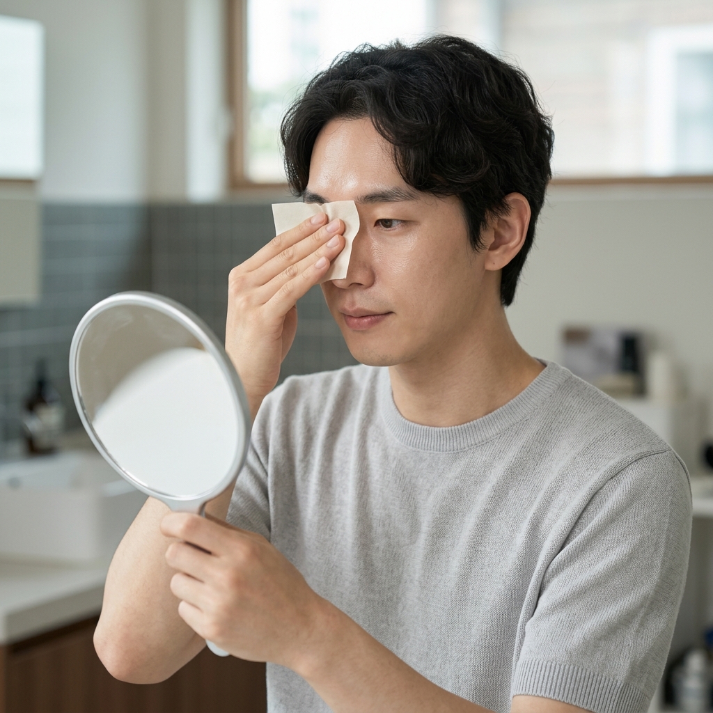 기름종이를 T존에 가볍게 눌러 유분을 흡수시키는 자연스러운 장면