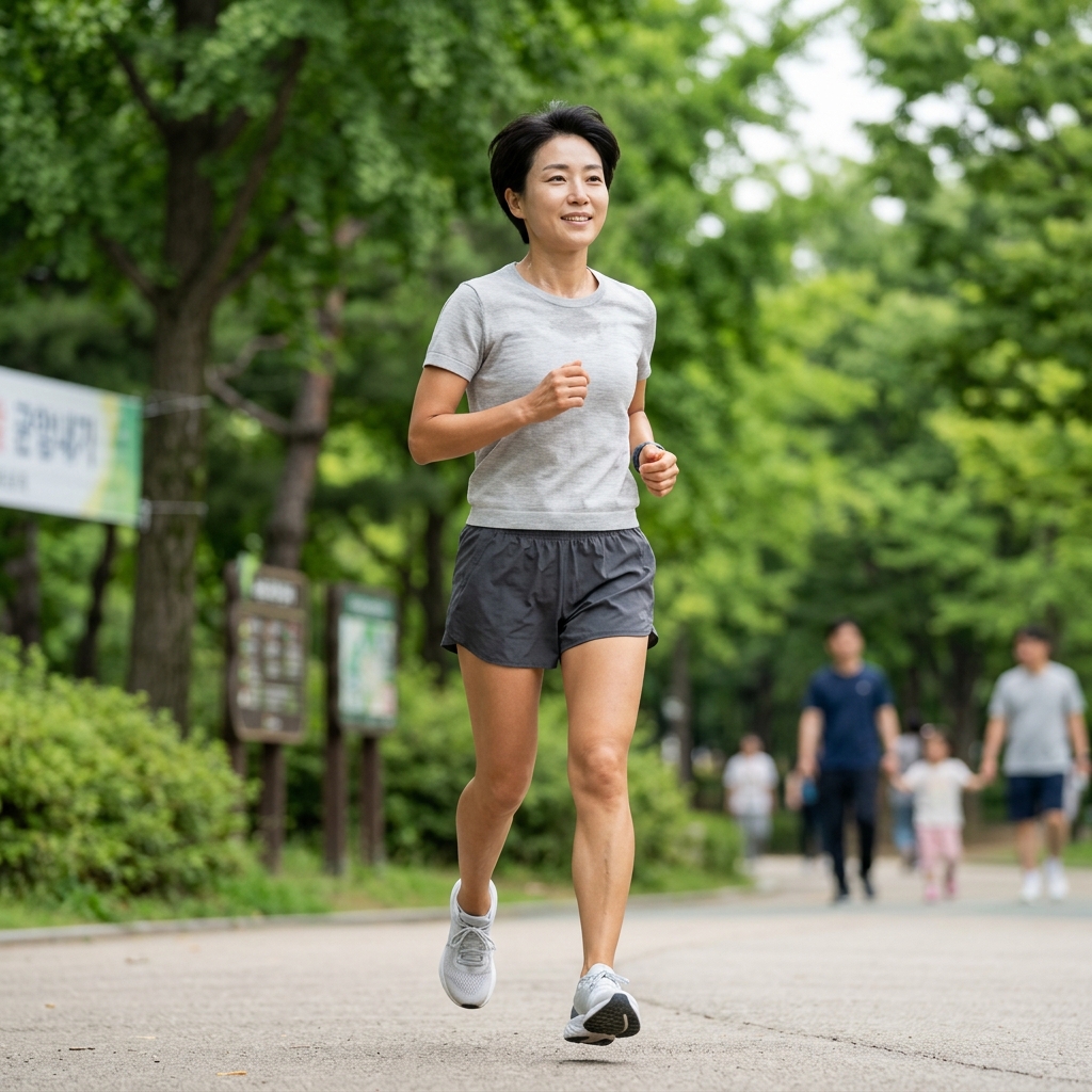 공원에서 한국인 30대 여성이 조깅복을 입고 가벼운 런닝을 하는 자연스러운 장면