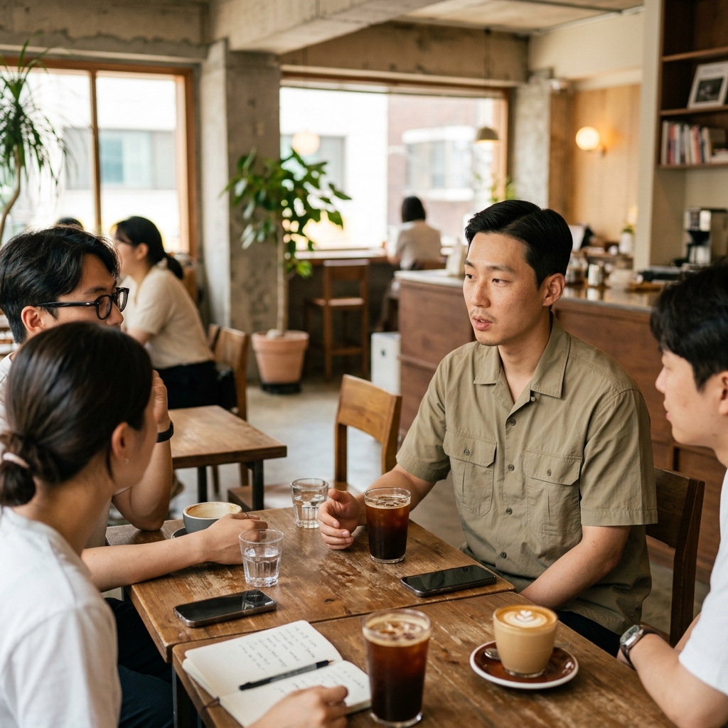 카페에서 대화를 나누는 소모임 멤버들