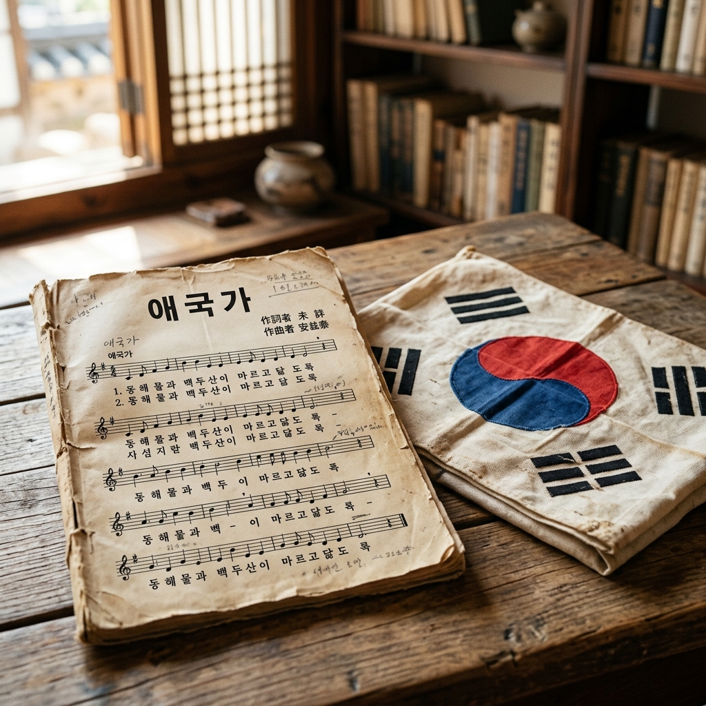 오래된 애국가 악보와 태극기가 함께 놓인 장면