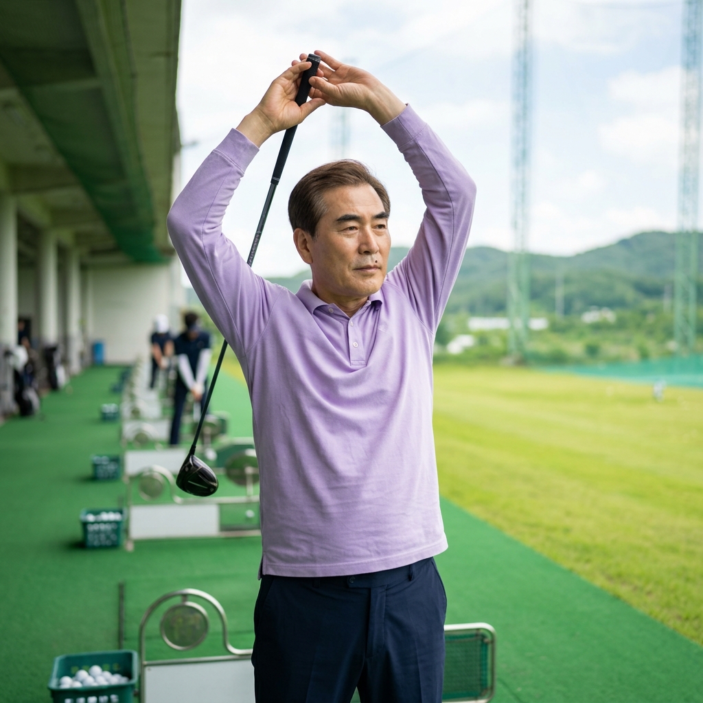 중년 남성이 골프장 연습장에서 그립을 부드럽게 잡고 스트레칭하는 모습, 긴팔 폴로셔츠 차림, 햇빛 밝은 야외