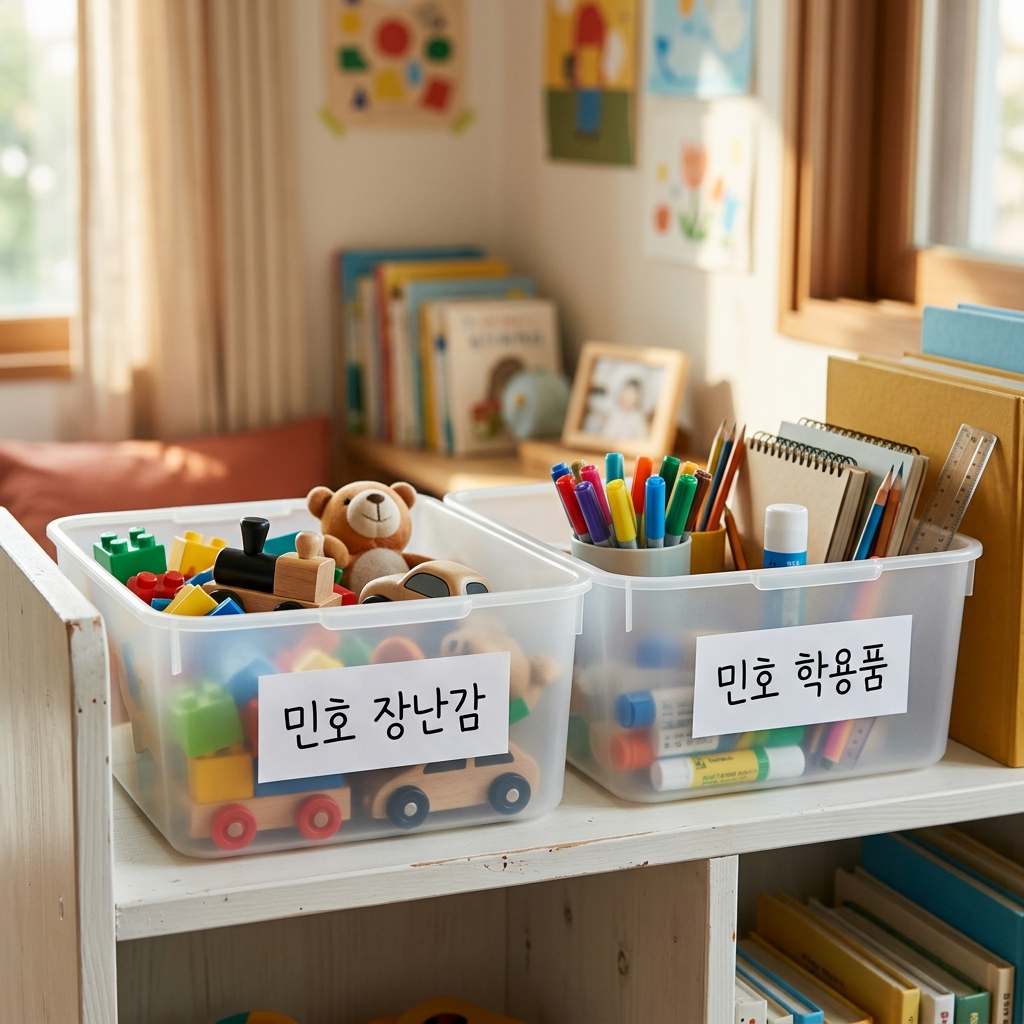 아이 방 선반 위에 이름표가 붙은 플라스틱 바구니 두 개가 나란히 놓인 모습, 각 바구니 안에 장난감과 학용품이 정돈되어 있음