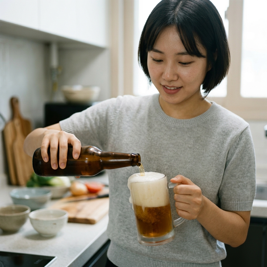 논알코올 맥주를 따르며 거품이 일어나는 모습