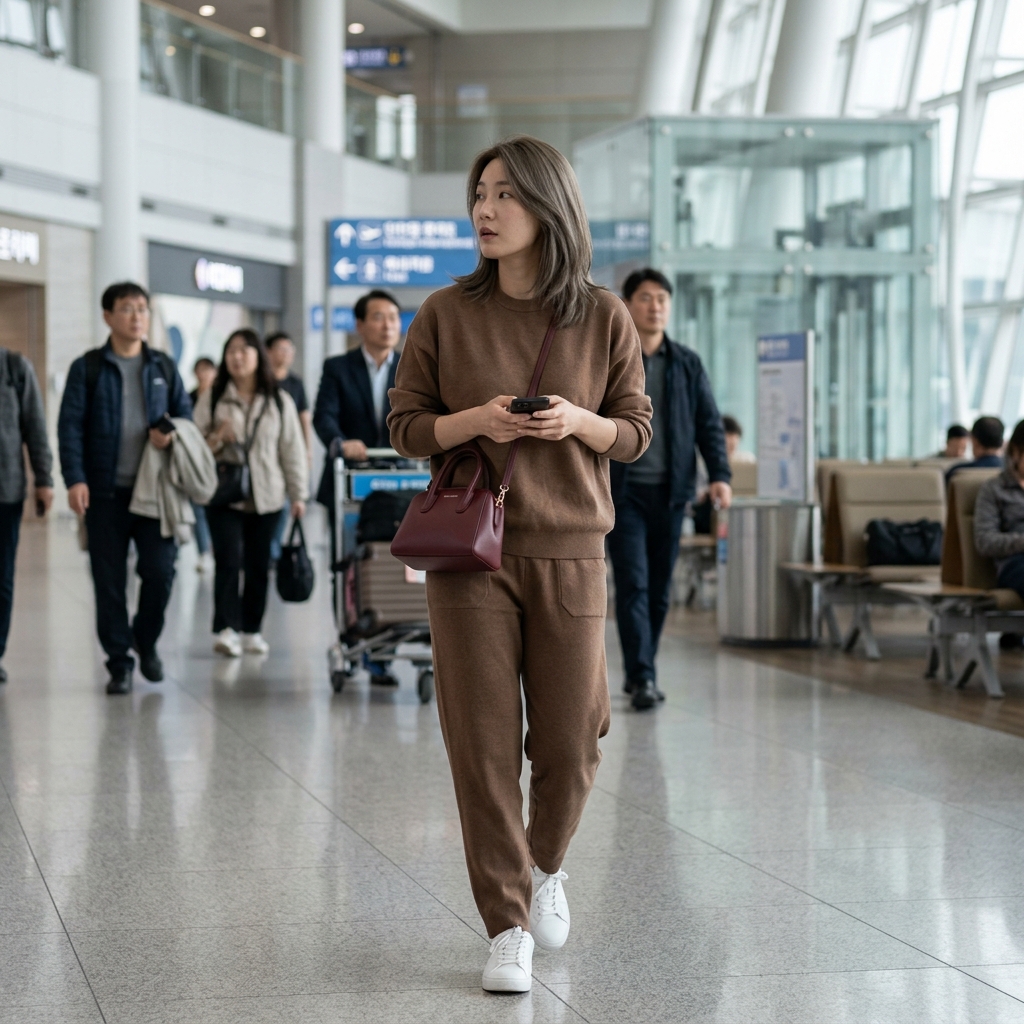 메이크업 없이도 완벽한 손나은 공항패션, 편안한 트레이닝복에 숨겨진 스타일링 비밀