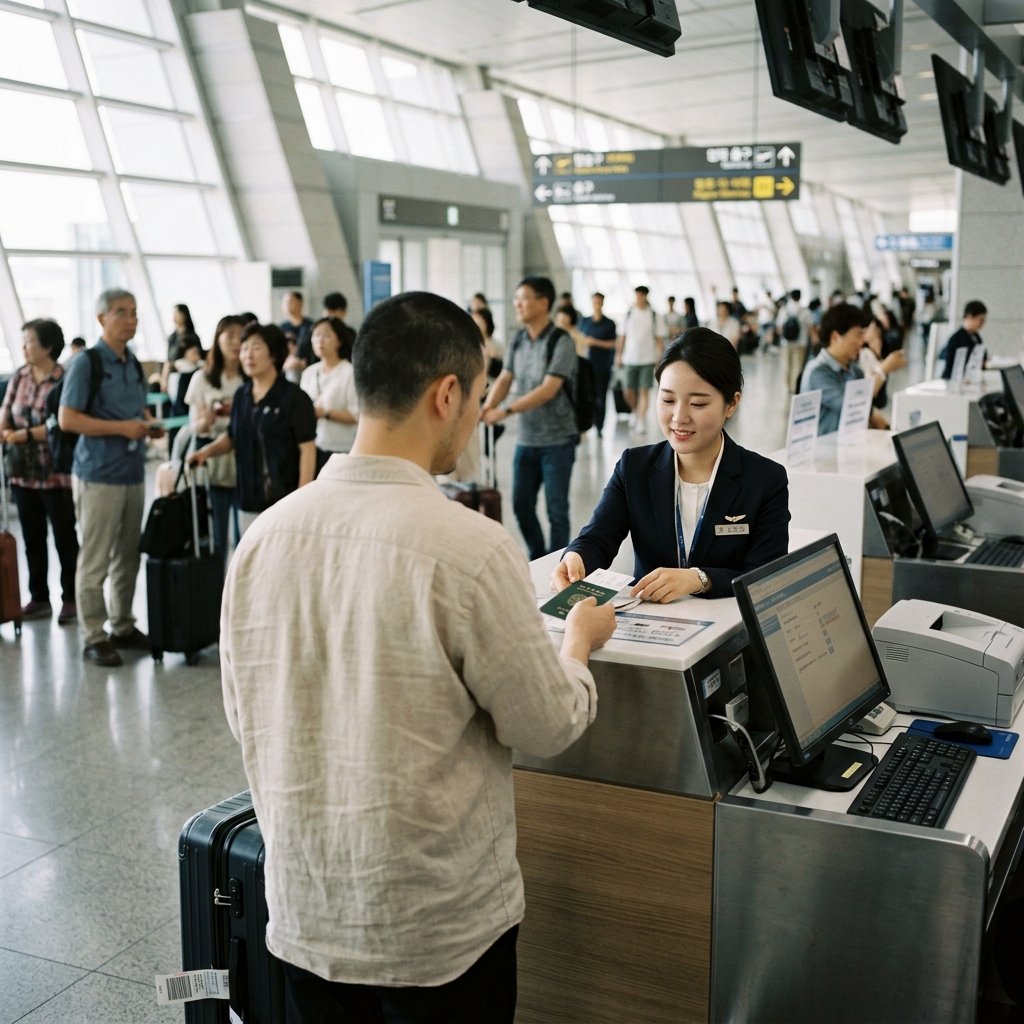 공항 체크인 카운터에서 확인하는 모습