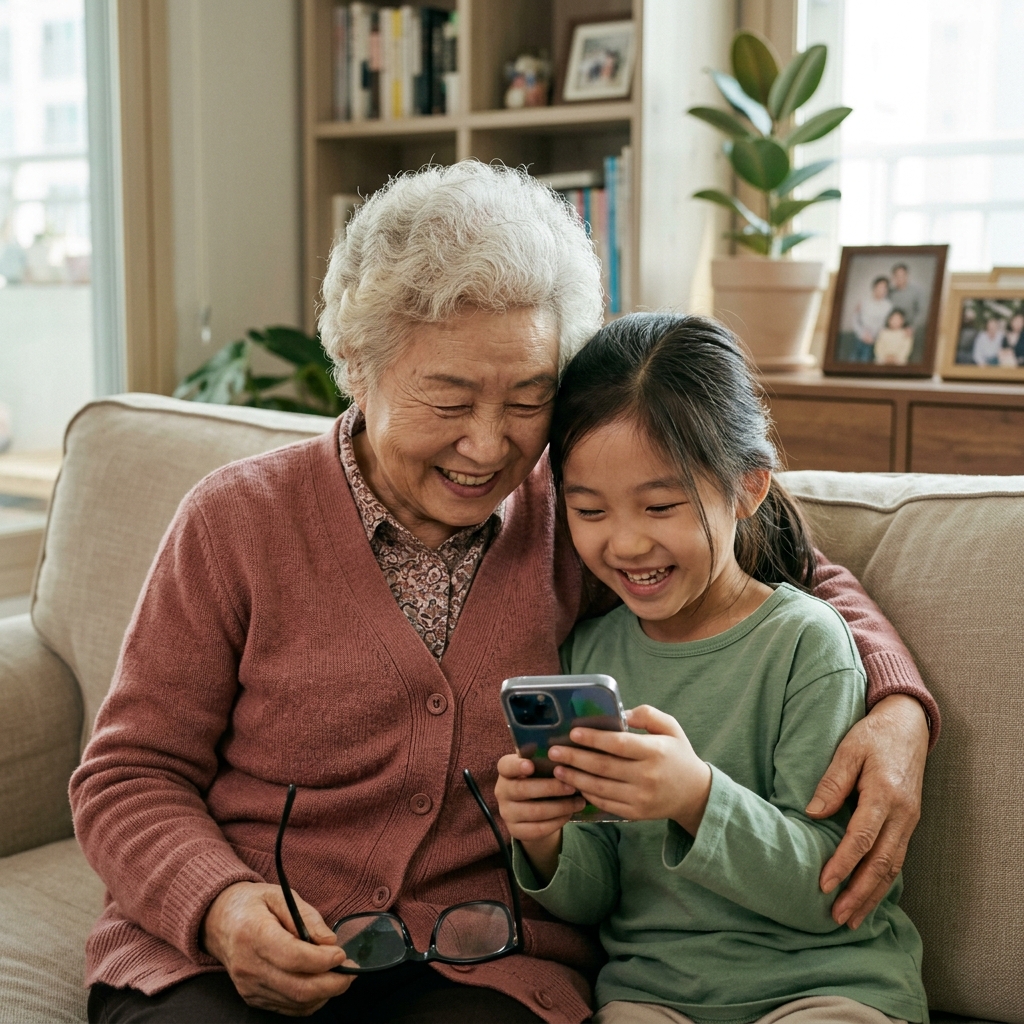 70대 후반의 한국인 여성이 거실 소파에서 손주와 함께 스마트폰 화면을 보며 웃는 모습