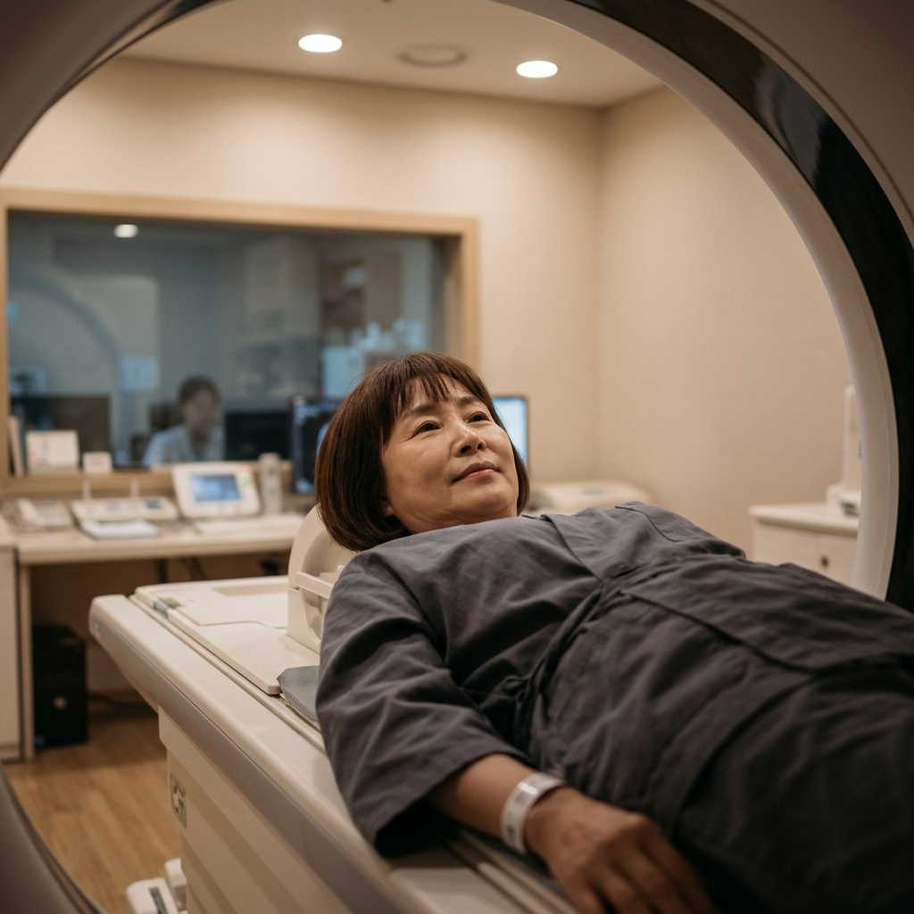 MRI 촬영을 위해 검사대에 누워 있는 중년 여성의 모습, 차분한 조명의 검사실 배경