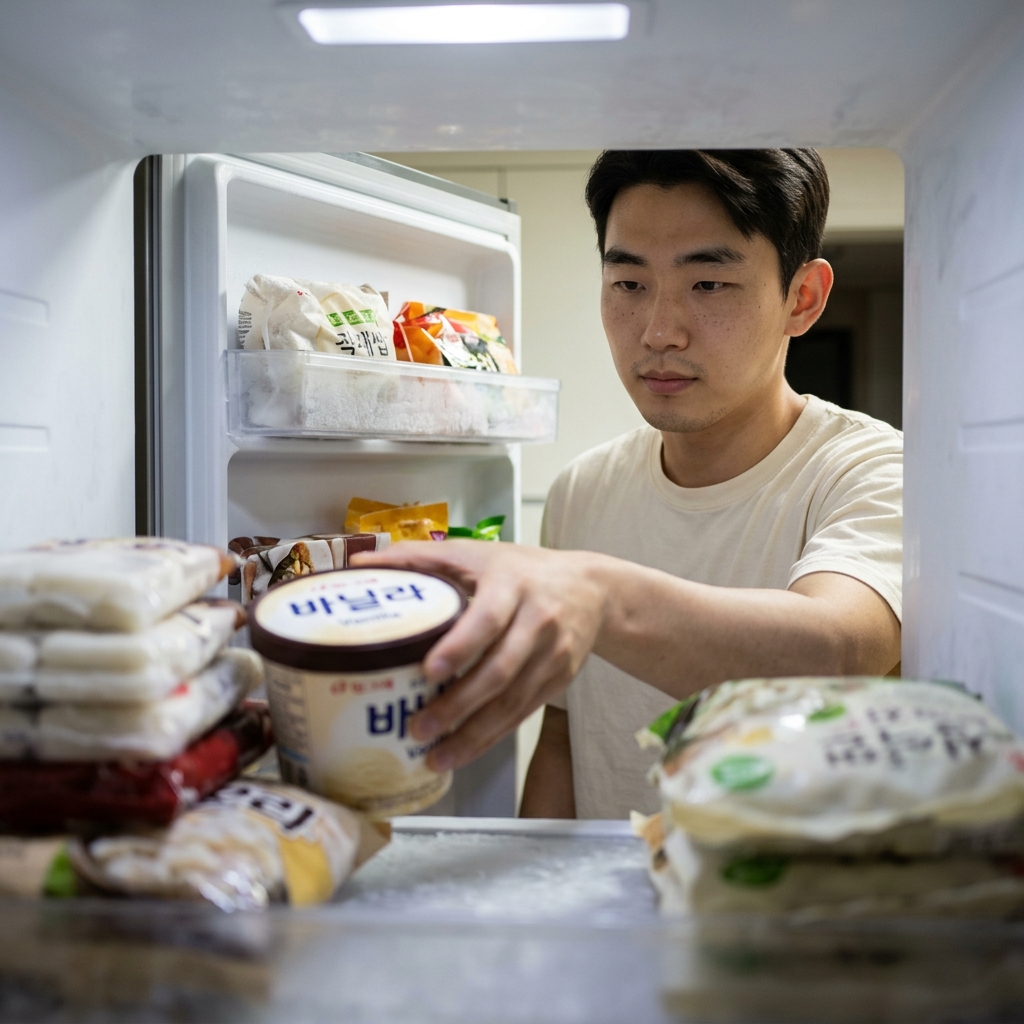냉동실에 보관된 아이스크림 통