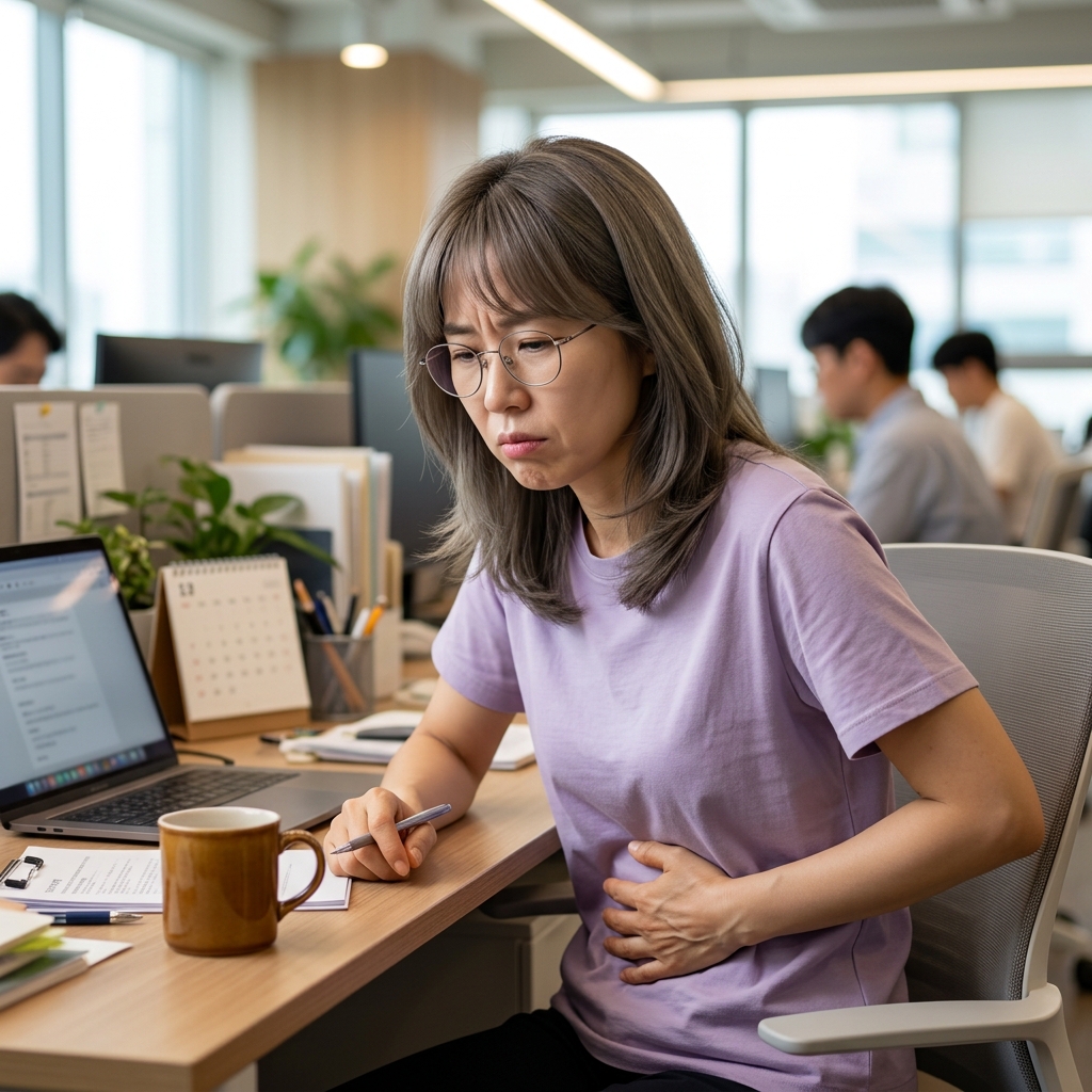 책상에 앉아 배를 감싸 쥔 채 표정이 불편한 30대 직장인의 모습