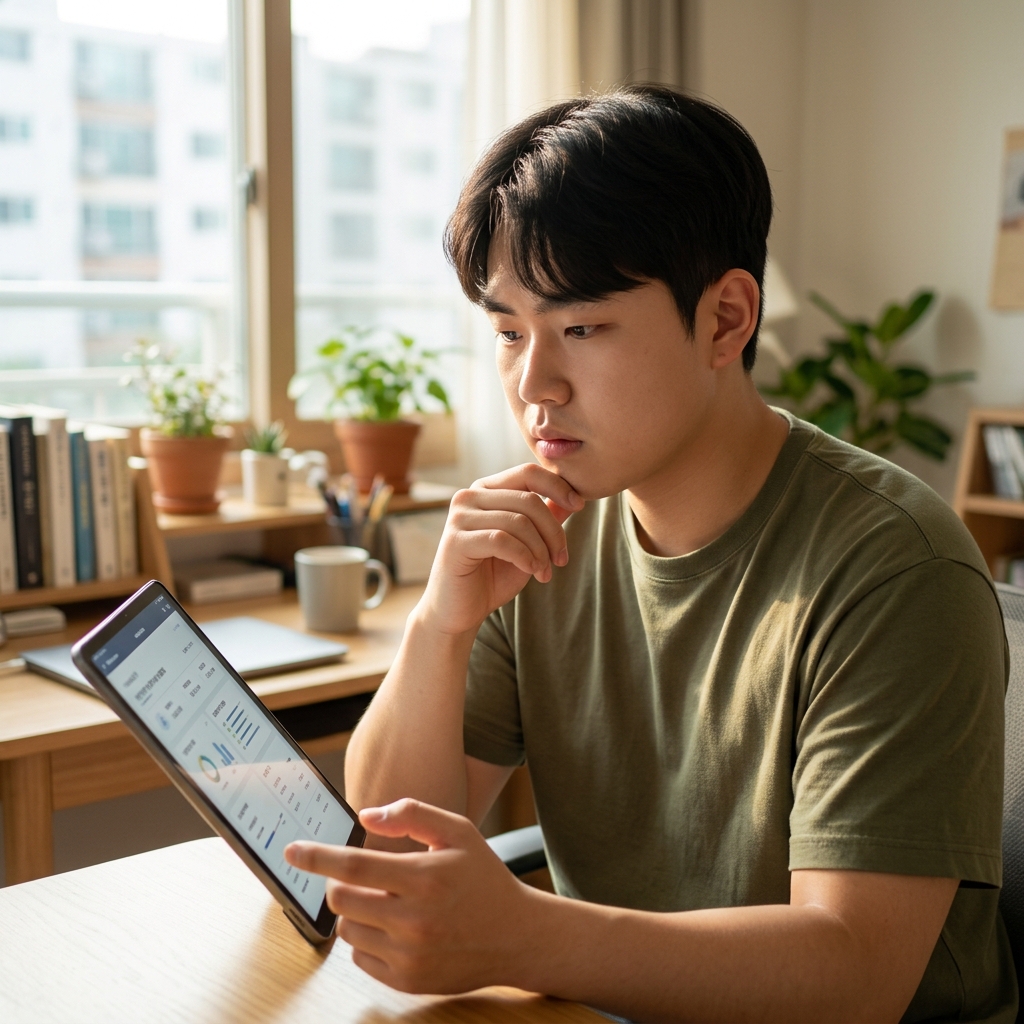 젊은 운전자가 태블릿으로 자동차 보험료를 확인하며 고민하는 모습