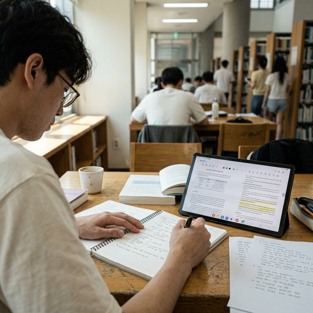 책상 위에 펼쳐진 노트와 태블릿으로 과제 자료를 정리하는 한국인 대학생의 손과 화면