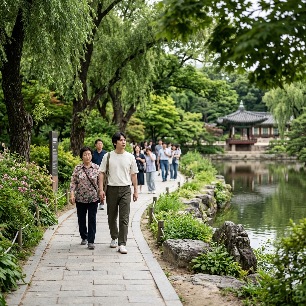 창경궁 춘당지 주변 산책로를 걷는 사람들