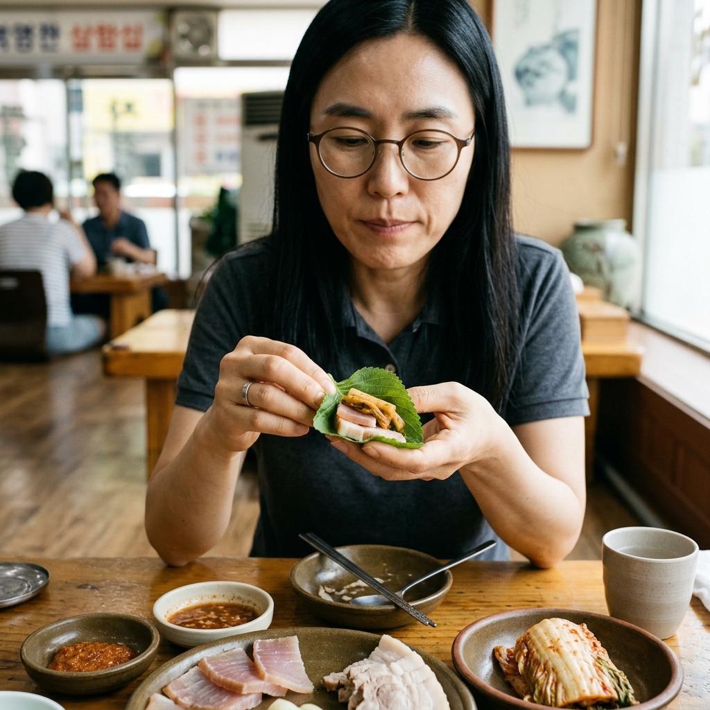홍어삼합을 한입 크기로 싼 모습