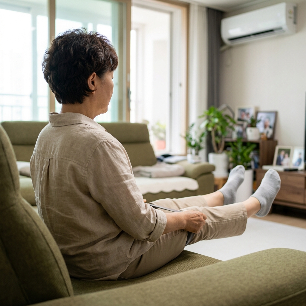 거실 소파에 앉아 다리 근력 운동을 하는 70대 한국인, 밝은 실내 조명