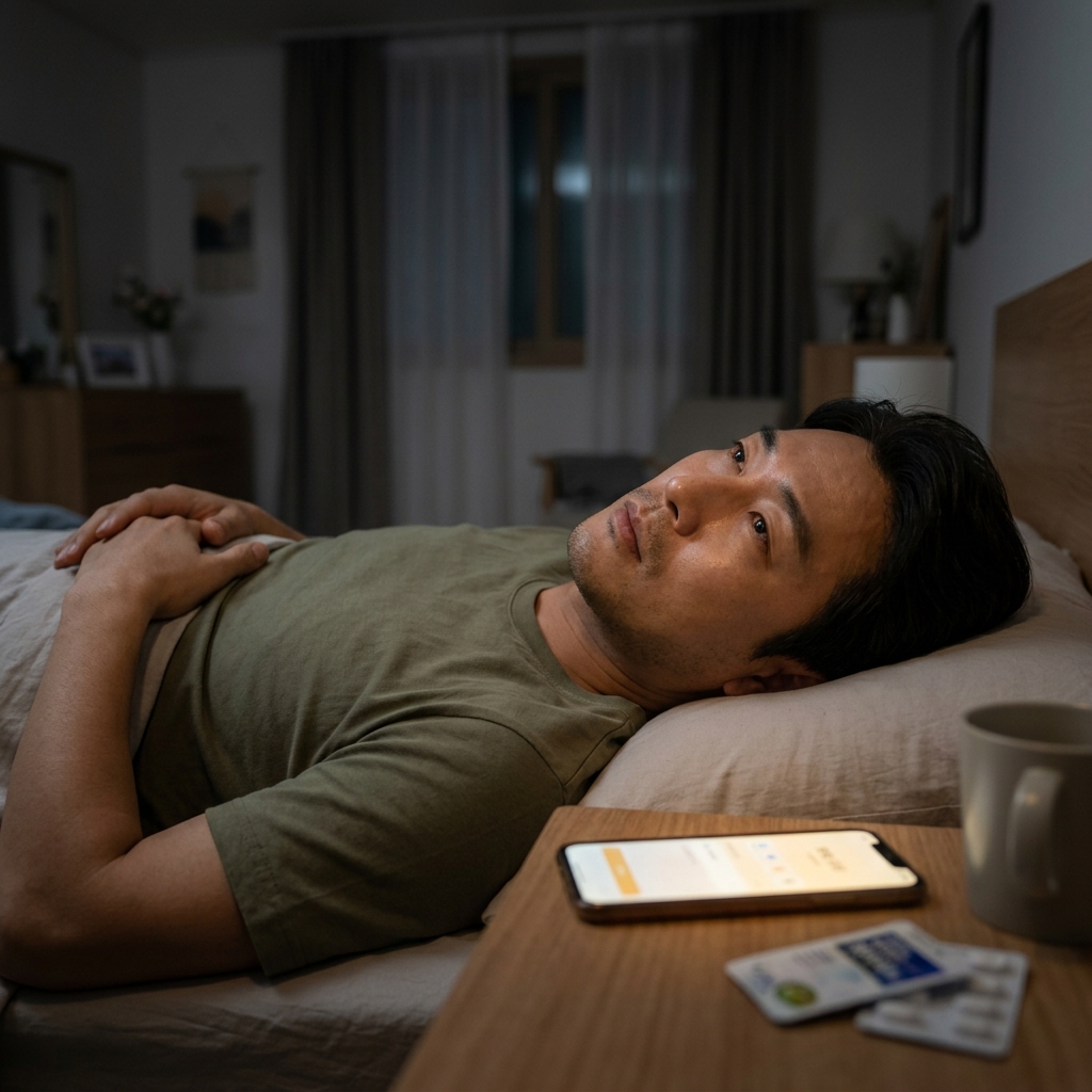침대 옆 탁자에 놓인 스마트폰 화면이 켜져 있고, 40대 남성이 어두운 방에서 침대에 누워 눈을 뜬 채 있는 모습