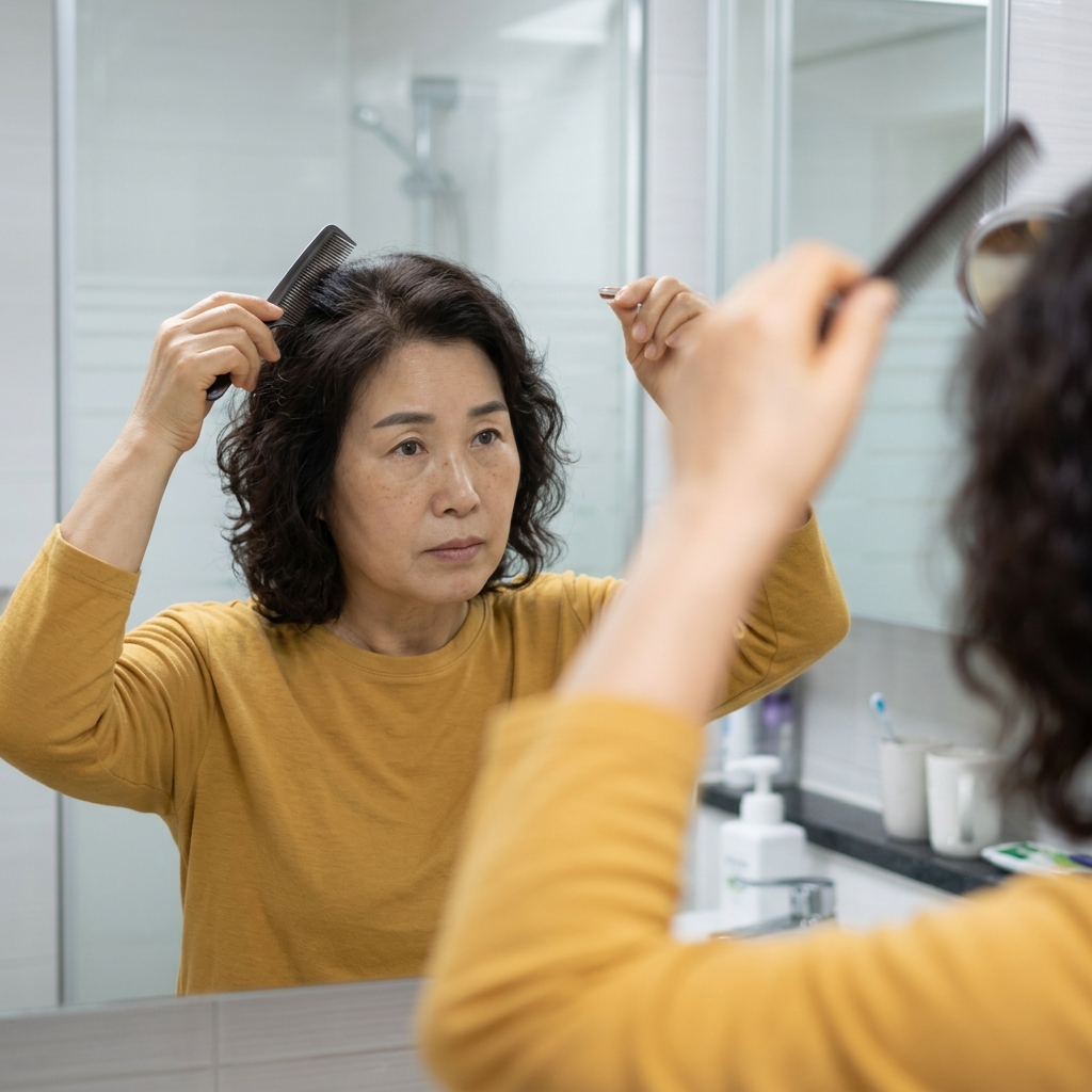 50대 여성이 거울 앞에서 빗으로 정수리 부근 머리카락을 들어 올리며 두피를 관찰하는 모습, 밝은 실내 조명, 얇은 긴팔 셔츠 착용