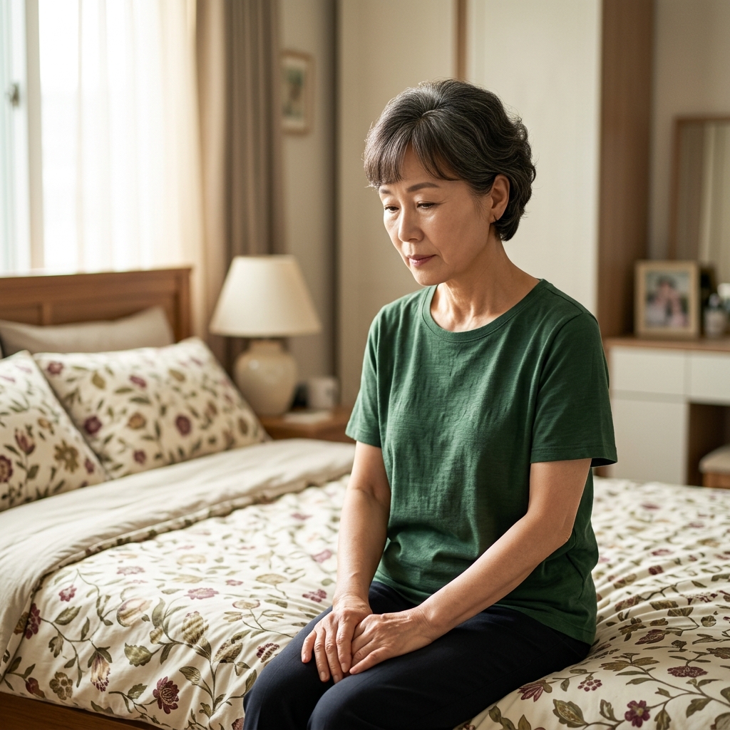 60대 여성이 침대 가장자리에 앉아 무릎 위에 손을 모으고 조용히 아래를 내려다보는 모습, 옅은 햇살이 비추는 침실 배경