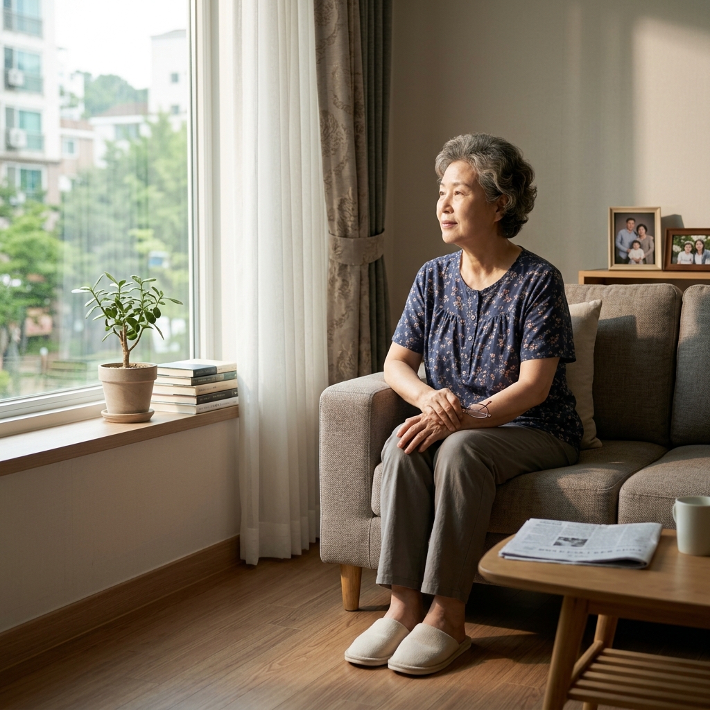 70대 한국인 여성이 거실 소파에 앉아 창밖을 바라보는 모습, 오후 햇살, 실내화